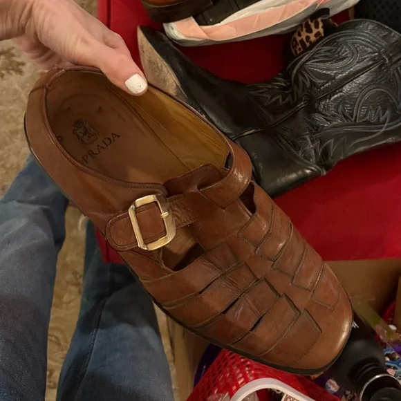 Prada Men's Tan Leather Buckle Loafers